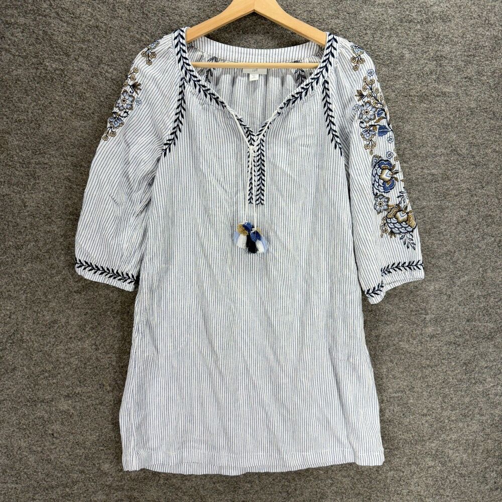 J. Jill Blue and White Striped Embroidered Midi Dress